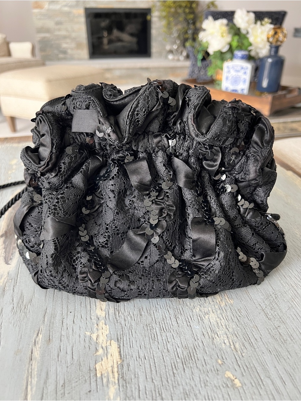Black Sequin & Lace Evening Bag